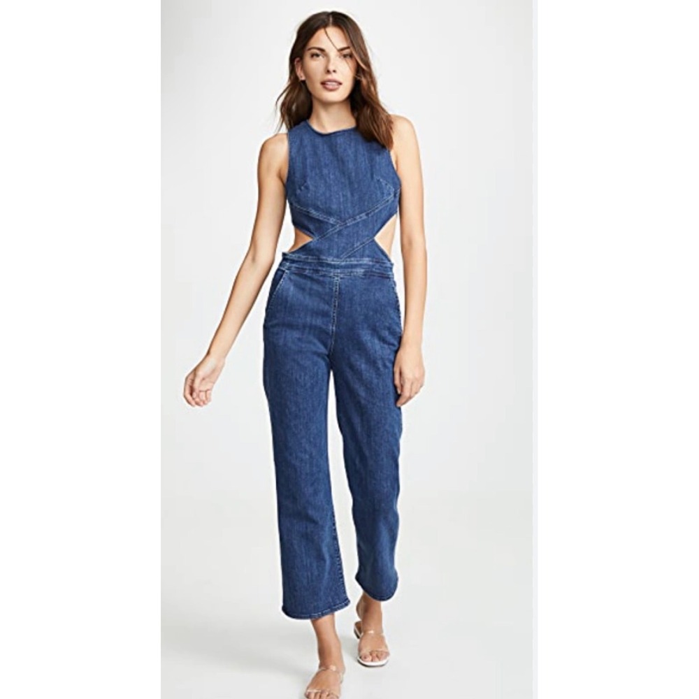 3x1 Denim Cutout Jumpsuit Women's Blue Sleeveless Cropped Wide Leg